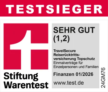 Warentest 01/2026 Sehr Gut 1,2 TravelSecure Einmalreiserücktrittsversicherung für Singles und Familie Warentest 01/2026 Sehr Gut 1,2 TravelSecure Einmalreiserücktrittsversicherung für Singles und Familie