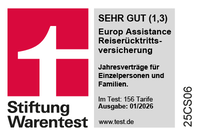 Europ Assistance Jahresreiseversicherung ohne Selbstbeteiligung für Single und Familie - Warentest Urteil 01/2026 "SEHR GUT" Note 1,3