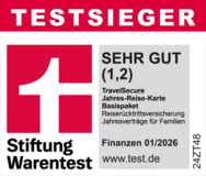 FINANZtest 01/2026 Sehr Gut 1,2 TravelSecure Jahresreiseversicherung für Familien
