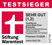 FINANZtest 01/2026 Sehr Gut 1,2 TravelSecure Jahresreiseversicherung für Familien und Singles