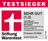 FINANZtest 01/2026 Sehr Gut 1,2 TravelSecure Jahresreiseversicherung für Familien und Singles