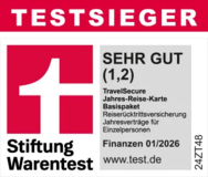 FINANZtest 01/2026 Sehr Gut 1,2 TravelSecure Jahresreiseversicherung für Singles